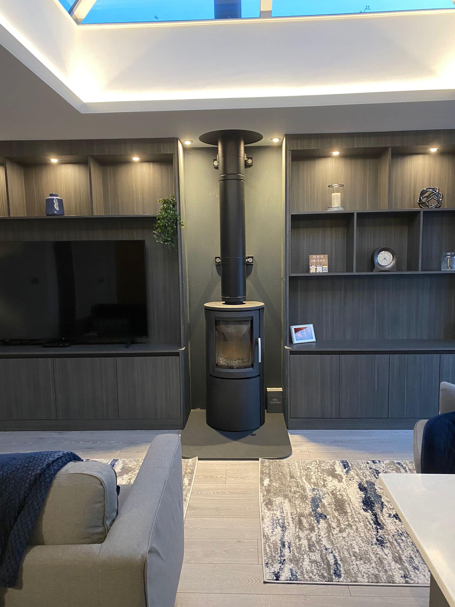 Dark Wood Media Wall with Log Burner